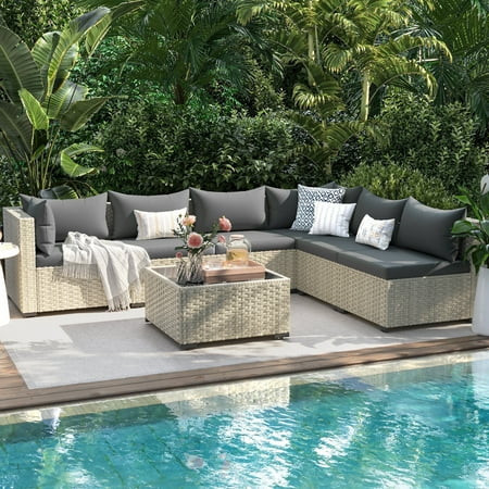 UDPATIO 7-Piece Outdoor Wicker Patio Furniture Set with Cushions for Backyard, Porch, Garden, Gray | Walmart (US)