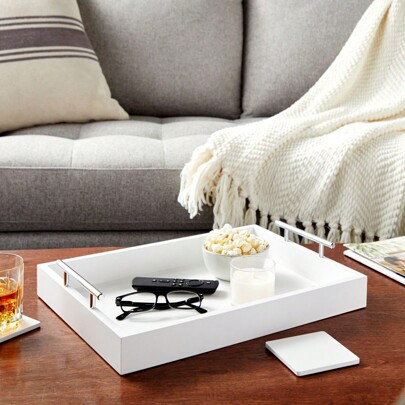White Serving Tray For Coffee Table, 16x12" With Coasters, Decorative Interchangeable Gold And Silver Handles | SHEIN
