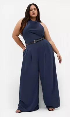City Chic Clara Halter Wide Leg Jumpsuit, Navy Blue, 12 | Belk