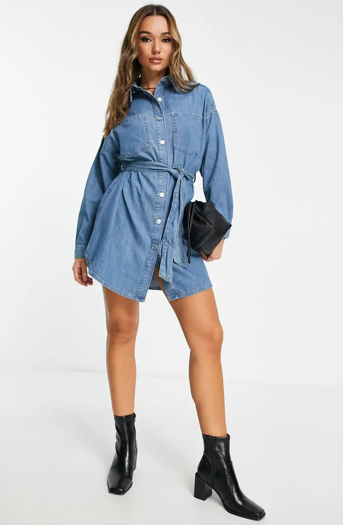 ASOS DESIGN Belted Long Sleeve Denim Shirtdress | Nordstrom | Nordstrom
