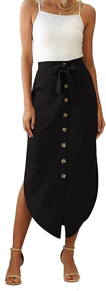 Umenlele Women's Button Front Casual High Waist Belted Pockets Split Long Skirt Black Large | Amazon (US)