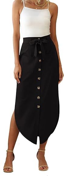 Umenlele Women's Button Front Casual High Waist Belted Pockets Split Long Skirt Black Large | Amazon (US)