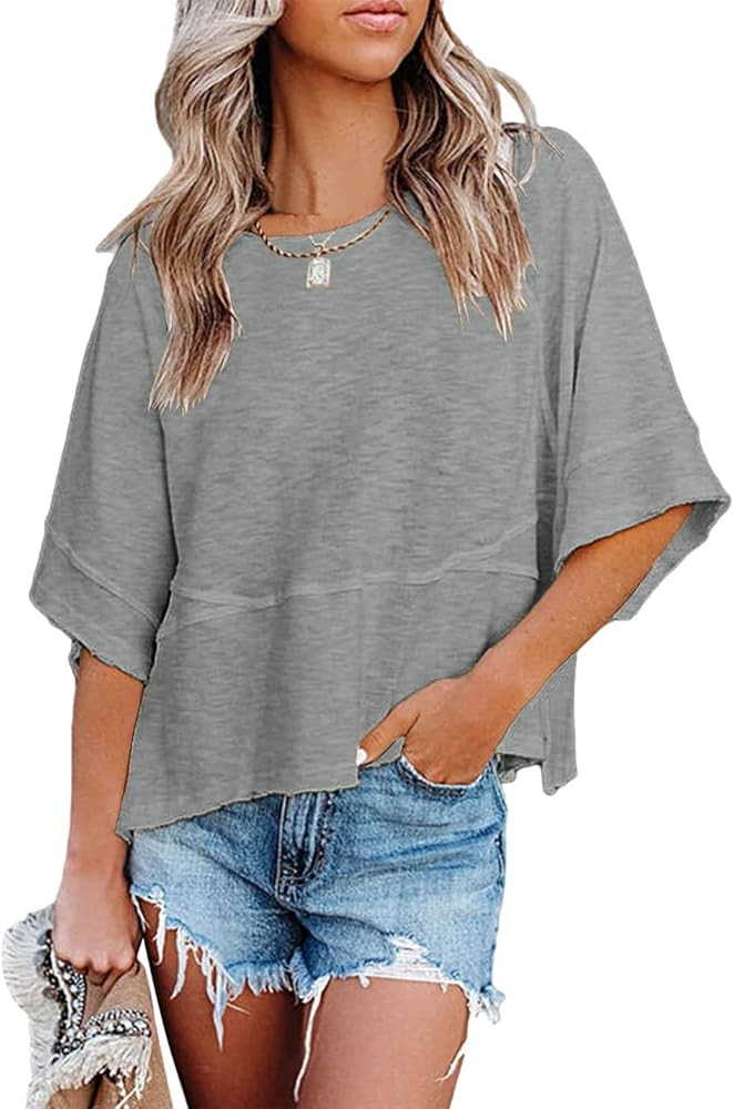 Aisongyuan Womens Fashion T-Shirt Crewneck 3/4 Sleeves Solid Color Loose Basic Pullover Tops Summ... | Amazon (US)