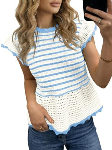 Saodimallsu Womens Ruffle Cap Sleeve Sweater Tops Crochet Knit Striped Crew Neck Summer Babydoll ... | Amazon (US)