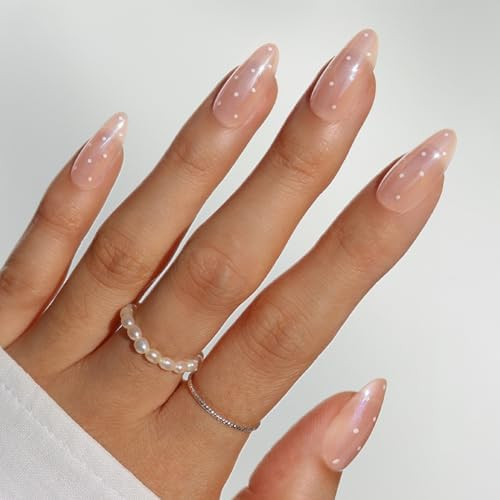 Glamnetic Press On Nails - Sugar Glazed | Medium Oval Fake Nails with a Sheer Nude Base, Mini Whi... | Amazon (US)