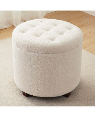 Donovan Round Tufted Boucle Storage Ottoman - White | Macy's