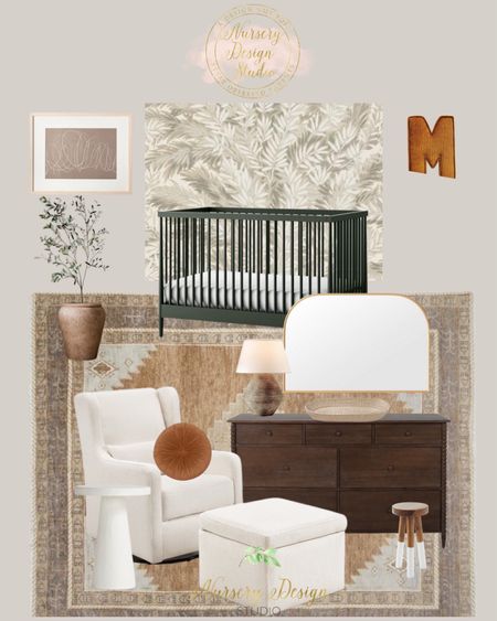 Modern nursery with flourencecourt wallpaper design 

Olive green crib, nursery decor, bedroom decor, living room decor, brown rug  

#LTKstyletip #LTKbump #LTKhome
