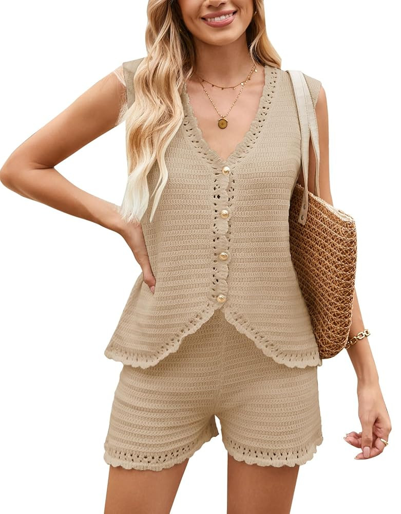 shermie Women's Short Sets Crochet 2 Piece Outfits Ruffle Sleeveless Button Down Vest Top Elastic... | Amazon (US)