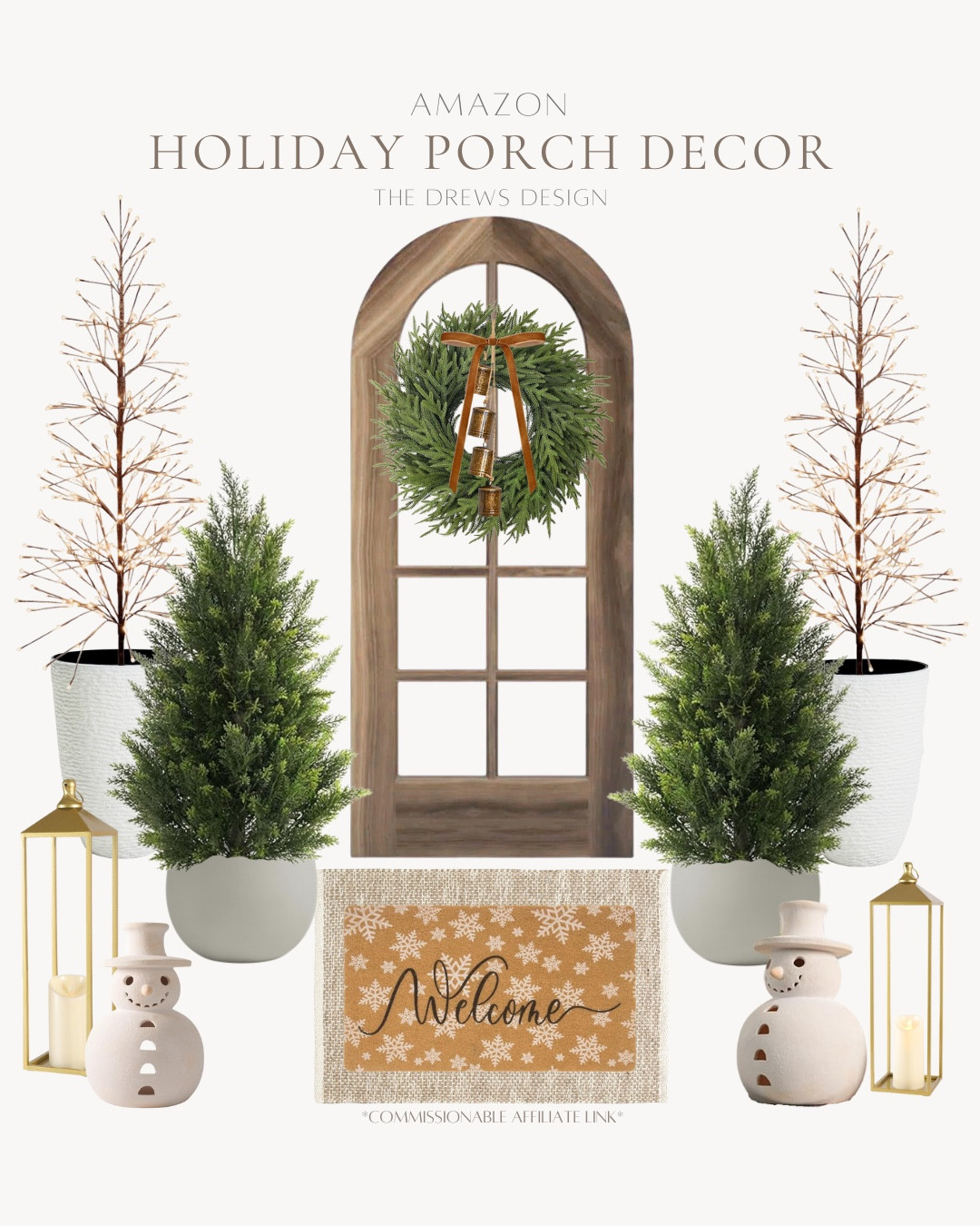 Amazon holiday front porch decor includes wreath, bells, twig light up trees, planters, outdoor cedar topiary, ceramic snowman, gold lanterns, doormat, outdoor rug.

Holiday porch, Christmas porch, Christmas decor, outdoor holiday decor

#LTKHoliday #LTKSeasonal #LTKHome