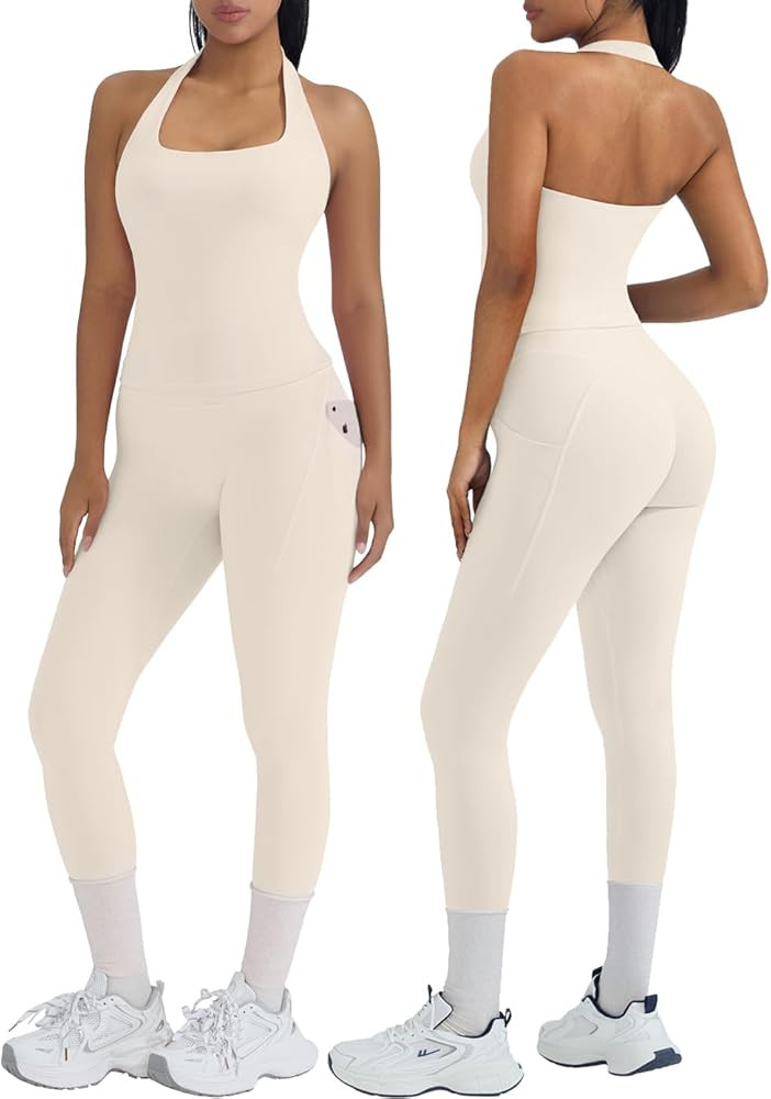 OMKAGI 2 Piece Workout Sets for Women Halter Tops Booty Leggings with Pockets Gym Outfits | Amazon (US)