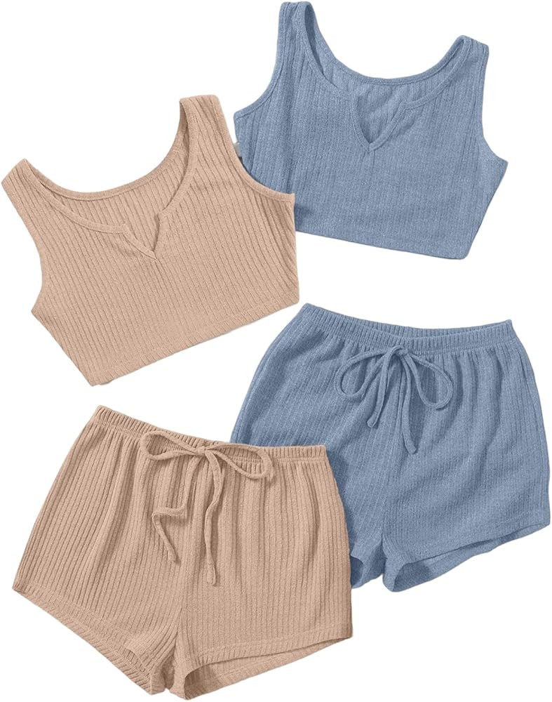 Milumia Women's 4 Pieces Ribbed Knit Crop Tank Top and Drawstring Waist Shorts Pajama Set Loungew... | Amazon (US)
