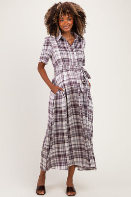 Dark Plum Plaid Button Down Maternity Midi Dress | PinkBlush Maternity