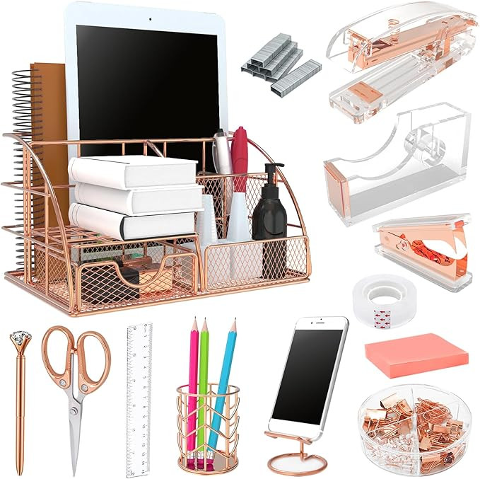 Office Desk Organizers, Rose Gold 13PCS Office Supplies and Accessories Desk organizer, Acrylic S... | Amazon (US)
