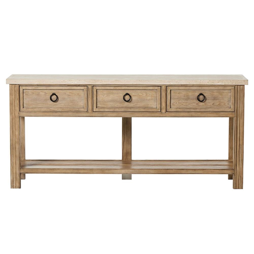 Layla French Cream Travertine Pine Wood Rectangular Console Table | Kathy Kuo Home