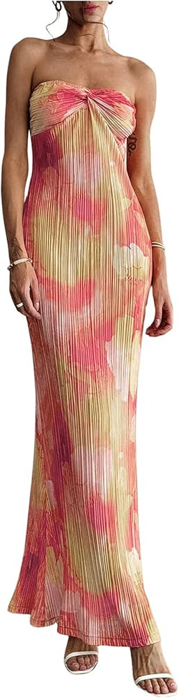 SOLY HUX Women's Summer Floral Tube Dress Twist Front Strapless Vacation Beach Dresses Maxi Dress | Amazon (US)