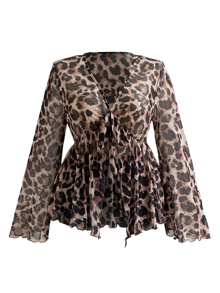 Women's Plus Size Bell Sleeve Tops Mesh Sheer Tie Front 70s Hippie Shirts Western Flared Ruffle B... | Amazon (US)