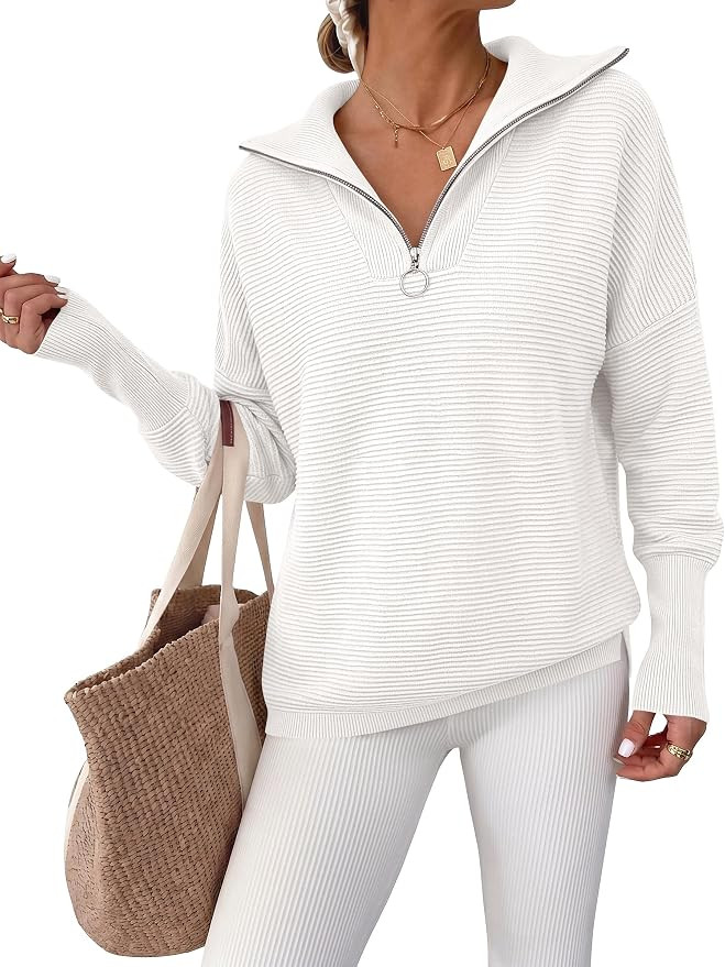 ANRABESS Women Long Sleeve Quarter Zip Pullover Fall Sweater | Collared Lapel V Neck Shirts,Soft ... | Amazon (US)