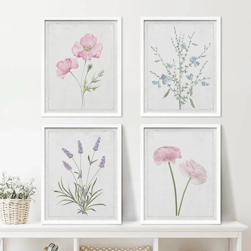 IDEA4WALL Framed Lavender Rose Daisy Cornflower Wall Art, Set Of 4 Nature Wilderness Wall Decor P... | Wayfair North America
