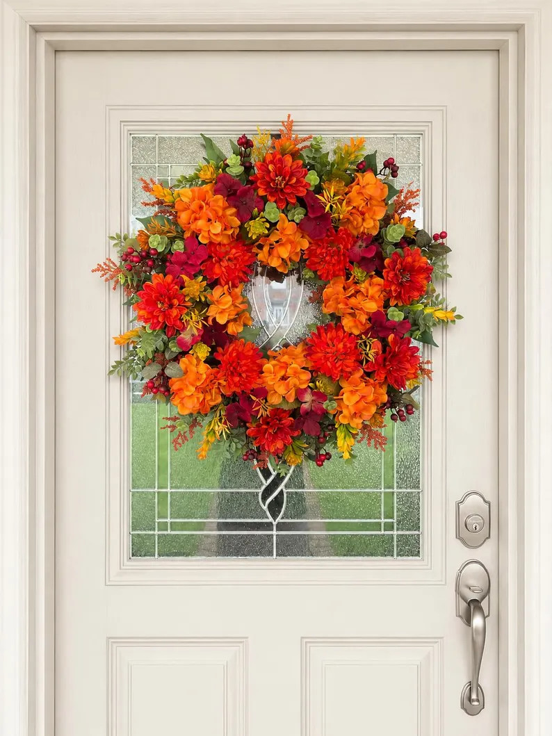 Fall Wreath With Zinnias, Dahlias, Mums and Hydrangeas, Thanksgiving Autumn Wreath With Eucalyptu... | Etsy (Global)