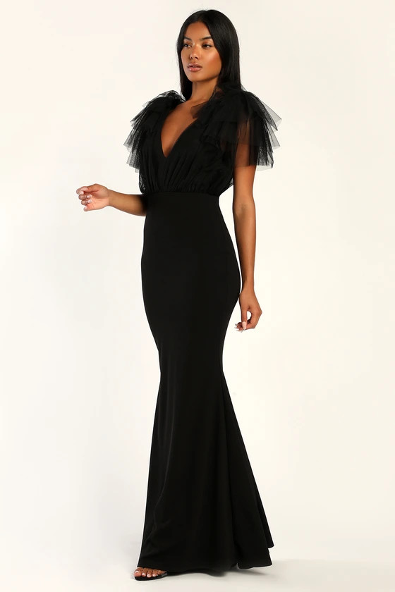 Fabulous Fun Black Tulle Flutter Sleeve Mermaid Maxi Dress | Lulus (US)