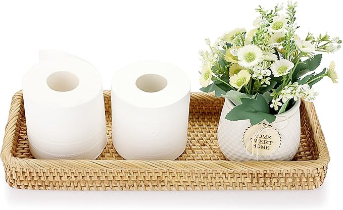 Sumnacon 16 Inch Rattan Bathroom Vanity Tray - Decorative Wicker Toilet Tank Tray for Paper Hand ... | Amazon (US)
