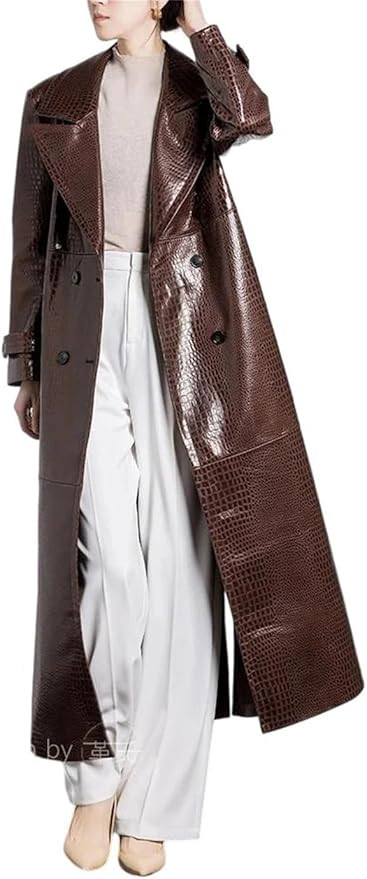 Women Long Reflective Crocodile Print Patent Faux Leather Trench Coat | Amazon (US)