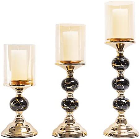 Masmoy Gold Decorative Candle Holder, Pillar Candlestick Holders for Set of 3, Table Candle Stand... | Amazon (US)