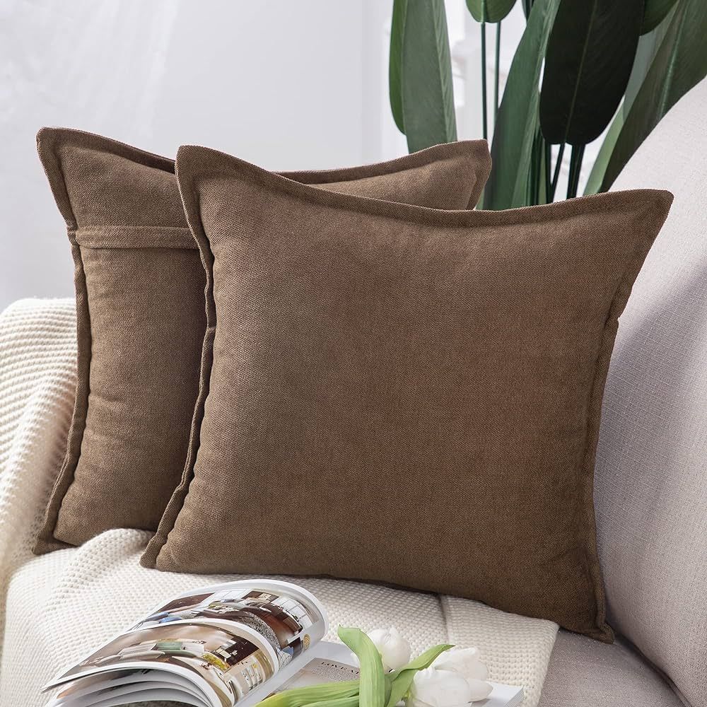 MADIZZ Set of 2 Short Chenille Throw Pillow Covers 22x22 Inch Brown Soft Decorative Cushion Cover... | Amazon (US)