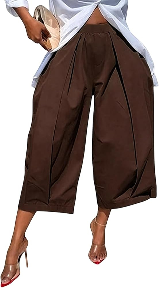 LETSVDO Women Wide Leg Palazzo Capri Pants High Waist Baggy Barrel Balloon Pleated Gaucho Crop Tr... | Amazon (US)