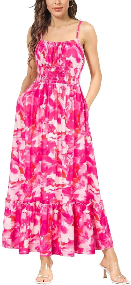 GRACE KARIN Womens Summer Maxi Dress Casual Sleeveless Spaghetti Strap Smocked Ruffle A Line Beac... | Amazon (US)