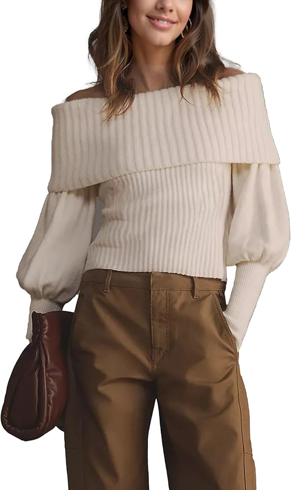 Womens Off The Shoulder Sweater Knitted Pullover Long Sleeve - Soft Top for Date Night Outfits | Amazon (US)