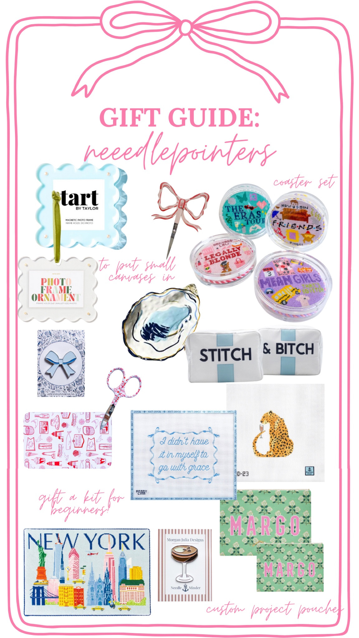 Needlepoint gift guide. The NY canvas is from needlepoint.com and the name pouches are Claire Bella Studio. Use code MADISON15 to save 