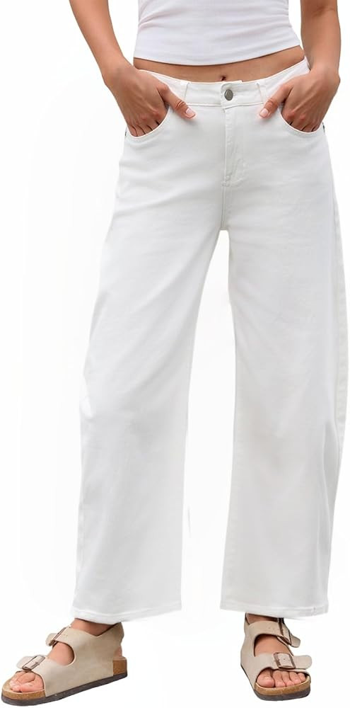 Mid Rise Barrel Jeans for Women Trendy Boyfriend Stretchy Baggy Cropped Denim Pants with Pockets | Amazon (US)