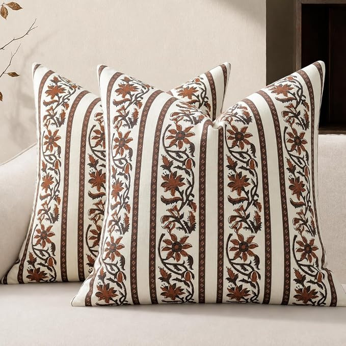 YCOLL Vintage Striped Floral Pillow Covers 20x20 Set of 2, Country Botanical Decorative Cushion C... | Amazon (US)