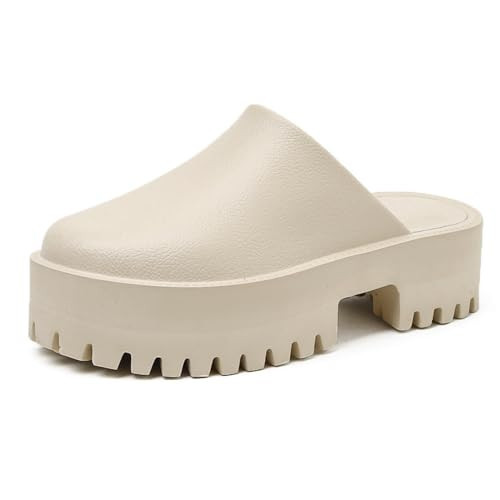 Platform Clogs Mules for Women Slip On Closed Toe Sandals Non-Slip Thick Sole Waterproof Slippers Beige | Amazon (US)