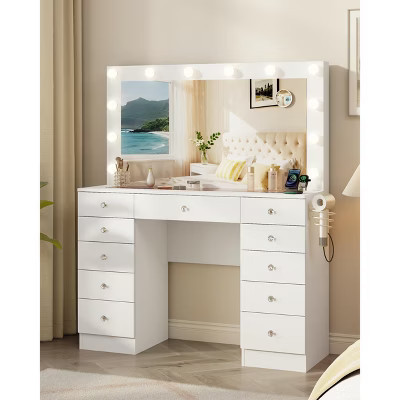 Makeup Vanity with Glass Top, 11 Drawers Vanity with Mirror and 12 LED Lights, Vanity Desk with 3 Lighting Modes Adjustable Brightness,White | Target
