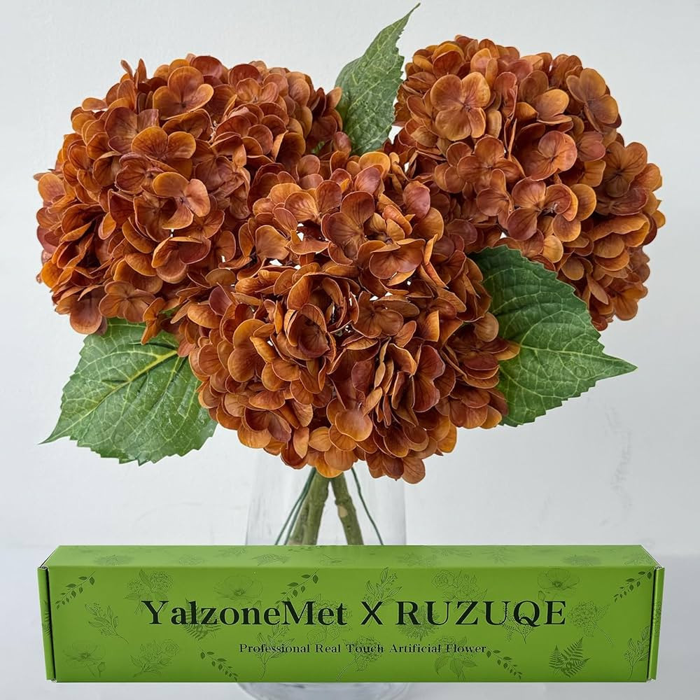 YalzoneMet 3 Pcs Coffee Brown Hydrangea Artificial Flowers 21‘’ Real Touch Latex Hydrangea Fa... | Amazon (US)