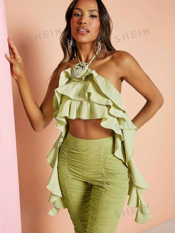 SHEIN BAE Ruffle Hem Halter Top | SHEIN