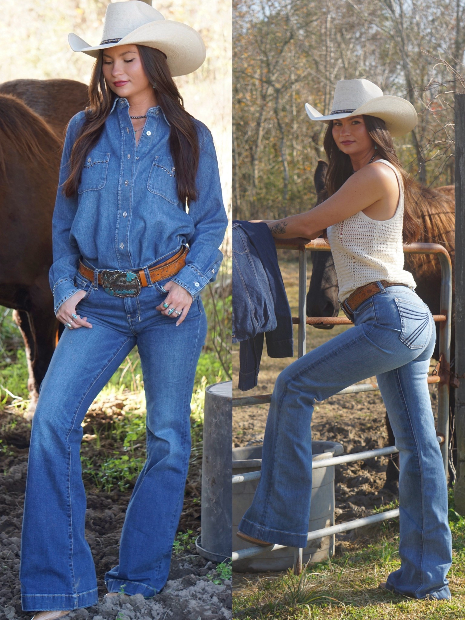 Every girl needs a pair of 7s 🤠 These are the new dojo flares!! I’m wearing a 25 on left (dark wash) and 26 on right (light wash)

Wearing xs in top and jacket! My buckle custom made & turquoise from Turquoise Tuesday 

#LTKSeasonal #LTKootd