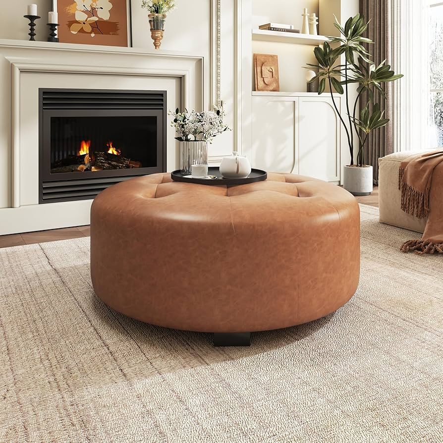 Christopher Knight Home York PU Ottoman, Round Ottoman Bench, Faux Leather Living Room Ottoman, U... | Amazon (US)