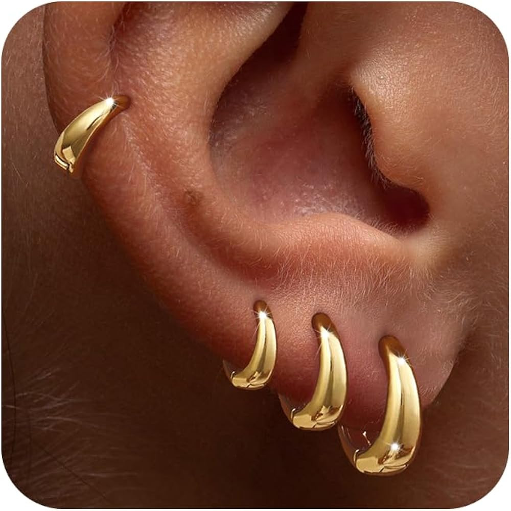 Foxgirl 4 Pairs Chunky Small Huggie Hoop Earrings for Women - Dainty 14K Gold/Sterling Silver Pla... | Amazon (US)