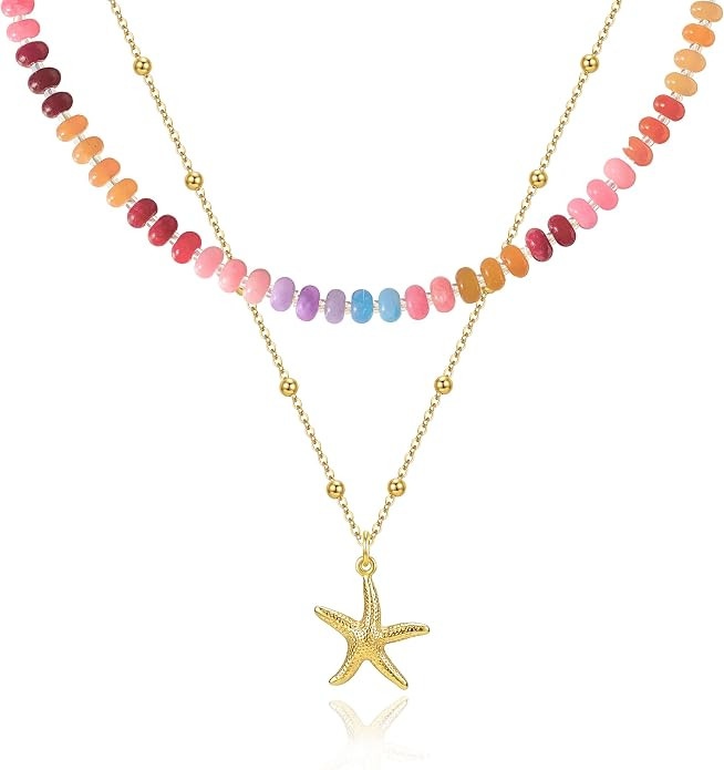Zeffy Shell Necklace for Women,14K Gold Plated Layered Starfish Conch SeaShell Pearl Pendant Char... | Amazon (US)