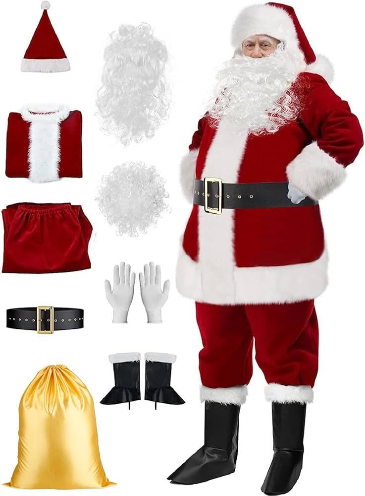 Christmas Santa Claus Costume with Beards Santa Suit Adult Men,Deluxe Santa Outfit Set Profession... | Amazon (US)