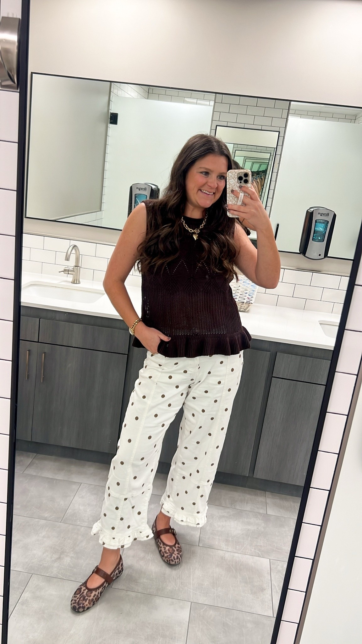 Wearing true size medium in both top and bottoms. Recommend wearing a tank under the top, it is a tad see through. Polkadot jeans are seriously so comfy and stretchy. ￼ And so are my leopard flats!!

#LTKootd #LTKmomlife #LTKWorkwear