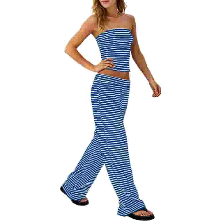 Womens Striped 2 Piece Sets Summer Strapless Crop Tube Tops Wide Leg Pants Matching Loungewear Se... | Walmart (US)