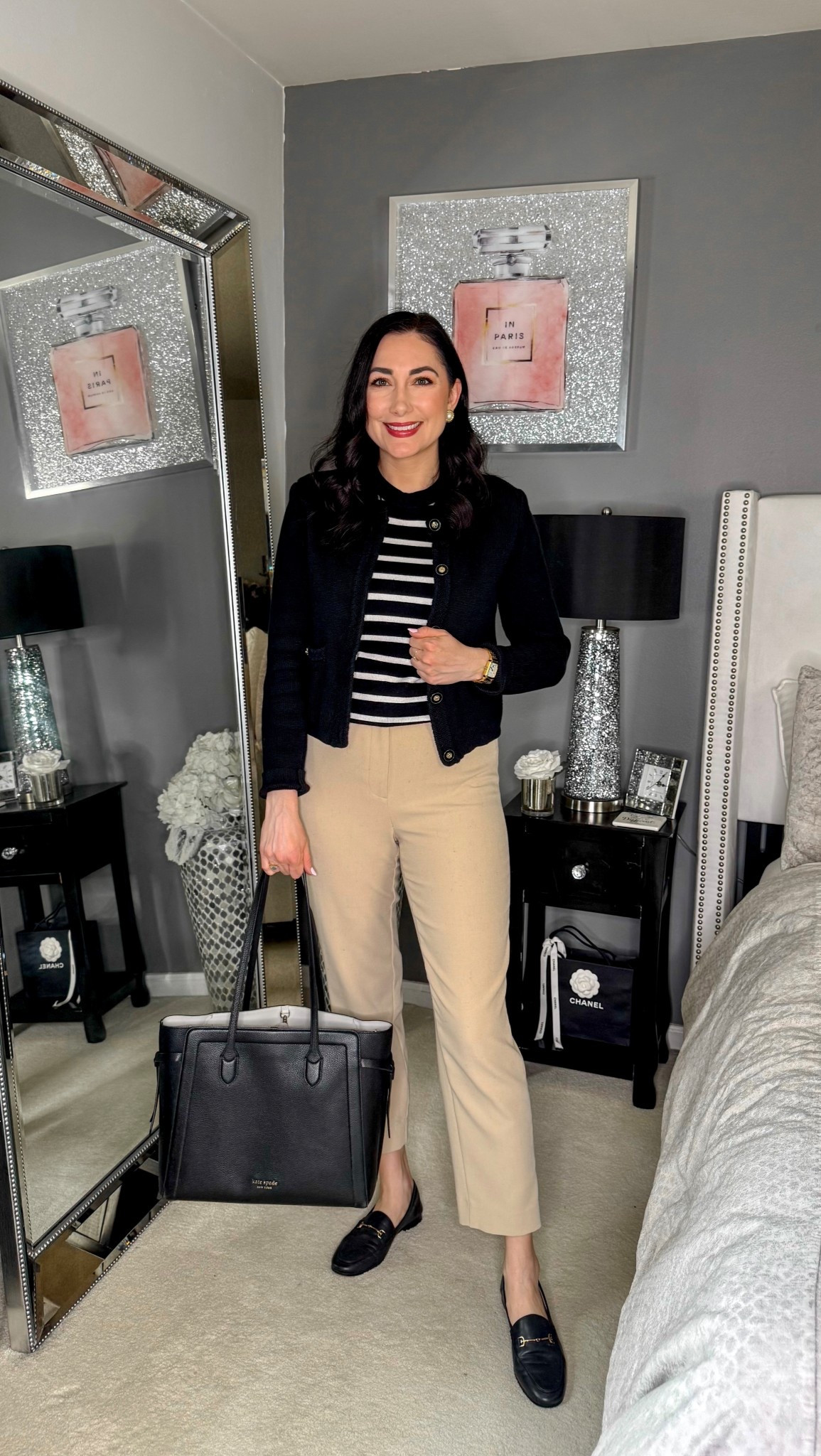 Smart casual work outfit 🖤

Black cardigan 
Striped top 
Tan pants 
Black loafers 

Work wear 
Office outfit 
Business casual 

#LTKWorkwear #LTKSeasonal