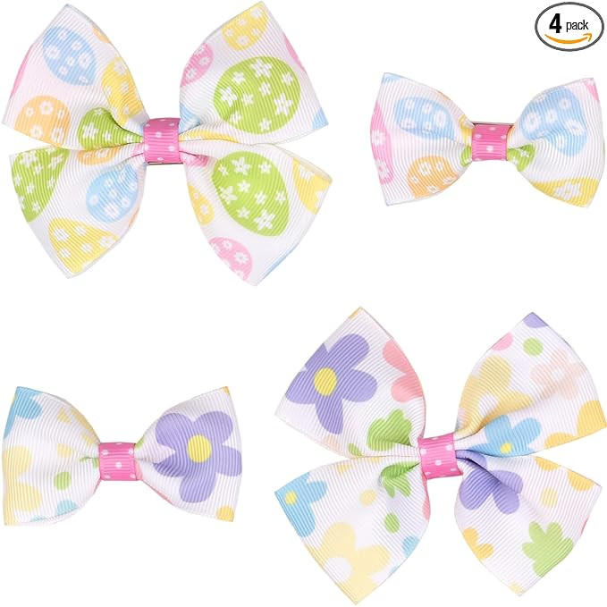 Easter Hair Bows for Girls - 4 Pcs Floral Egg Grosgrain Ribbon Clips, Dual Size Spring Hair Acces... | Amazon (US)