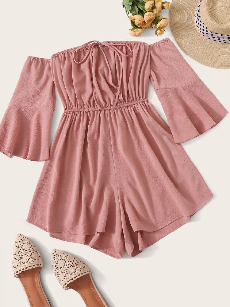 Off-the-Shoulder Self-Tie Shirred Romper | SHEIN