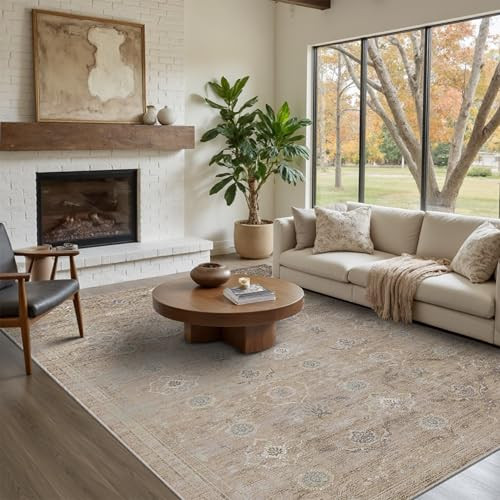Rugxara Beige Rug 5x7 Neutral Area Rugs for Living Room Bedroom, Washable Vintage Floral Retro Boho Non Slip & Low Pile Carpet for Indoor Dining Room and Kids Room(Beige 5x7ft) | Amazon (US)