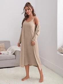 2 Pack Rib-knit Cami Dress & Robe Lounge Set
   SKU: swlounge25210420330      
          (8397 Re... | SHEIN
